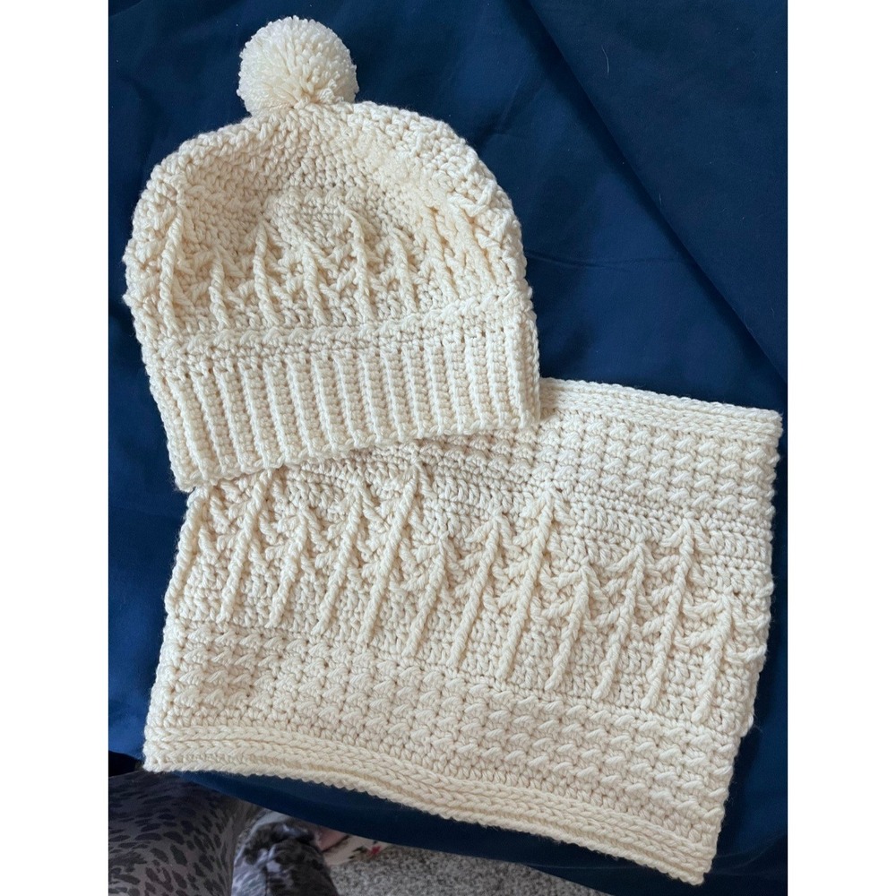 Handmade Cream Cable‎ Knit Beanie Pom Hat and Infinity Scarf Set Women